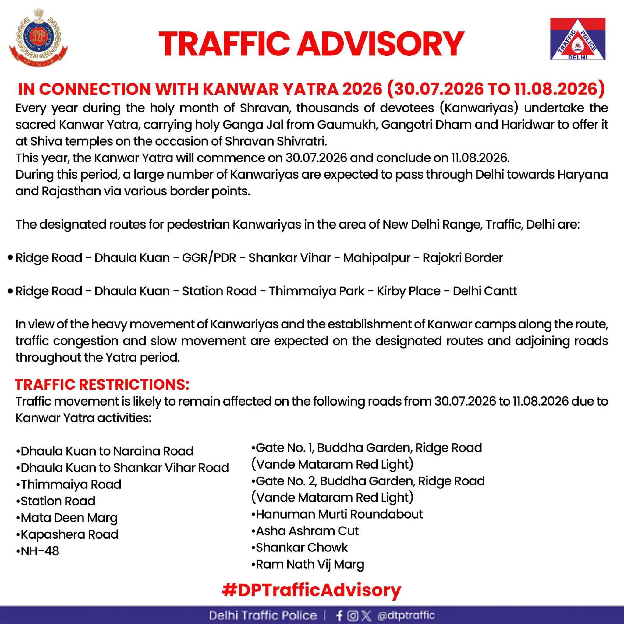 Delhi Traffic Police Issues Traffic Advisory for Kanwar Yatra 2026
