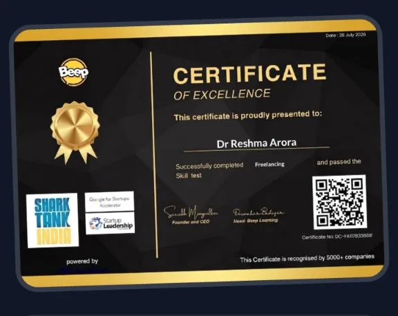 Verified Freelancing,Creative Writing&
Communication Skills' Certification,Endorsed by National&international Industries
