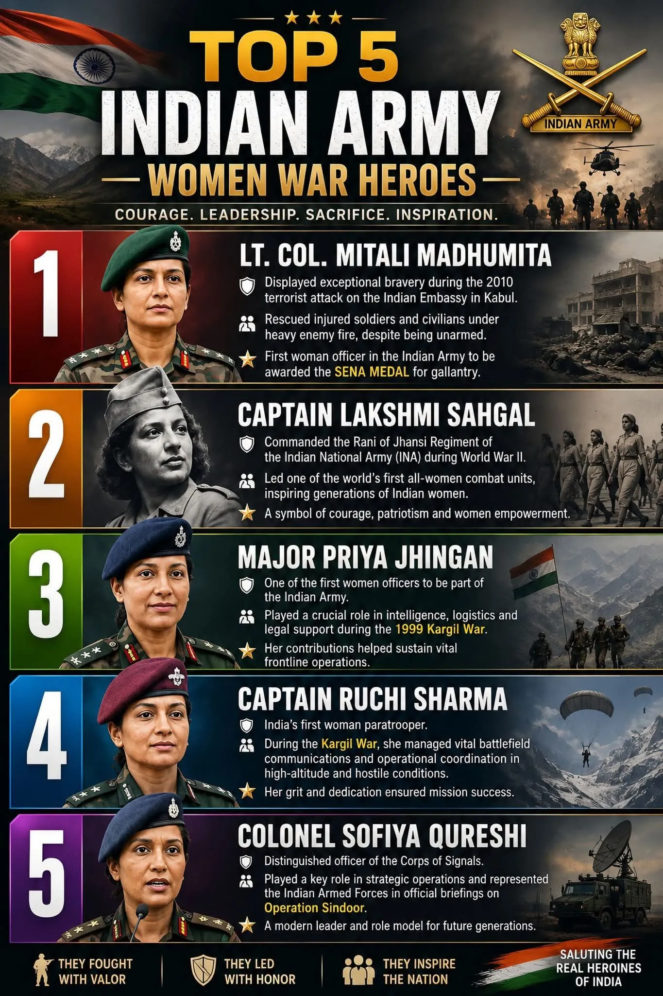 🇮🇳 TOP 5 INDIAN ARMY WOMEN WAR HEROES 🇮🇳

🇮🇳 Salute to the fearless women who proved that courage knows no gender.