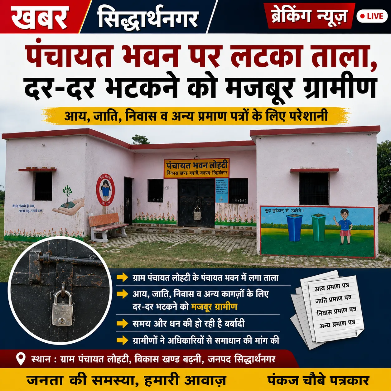 ग्राम पंचायत लोहटी  में पंचायत भवन पर लटका ताला, ग्रामीणों को हो रही भारी परेशानी