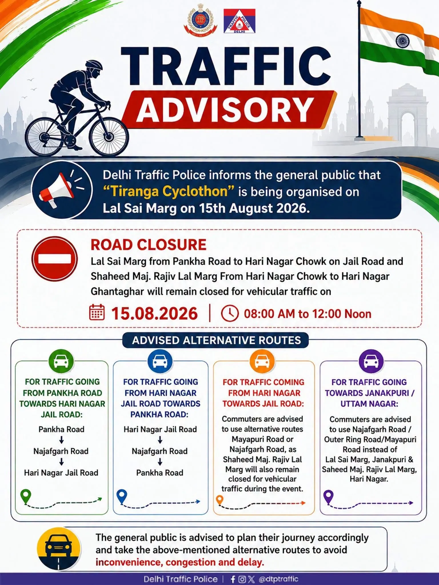 Traffic Advisory: Roads to Remain Closed in West Delhi on August 15