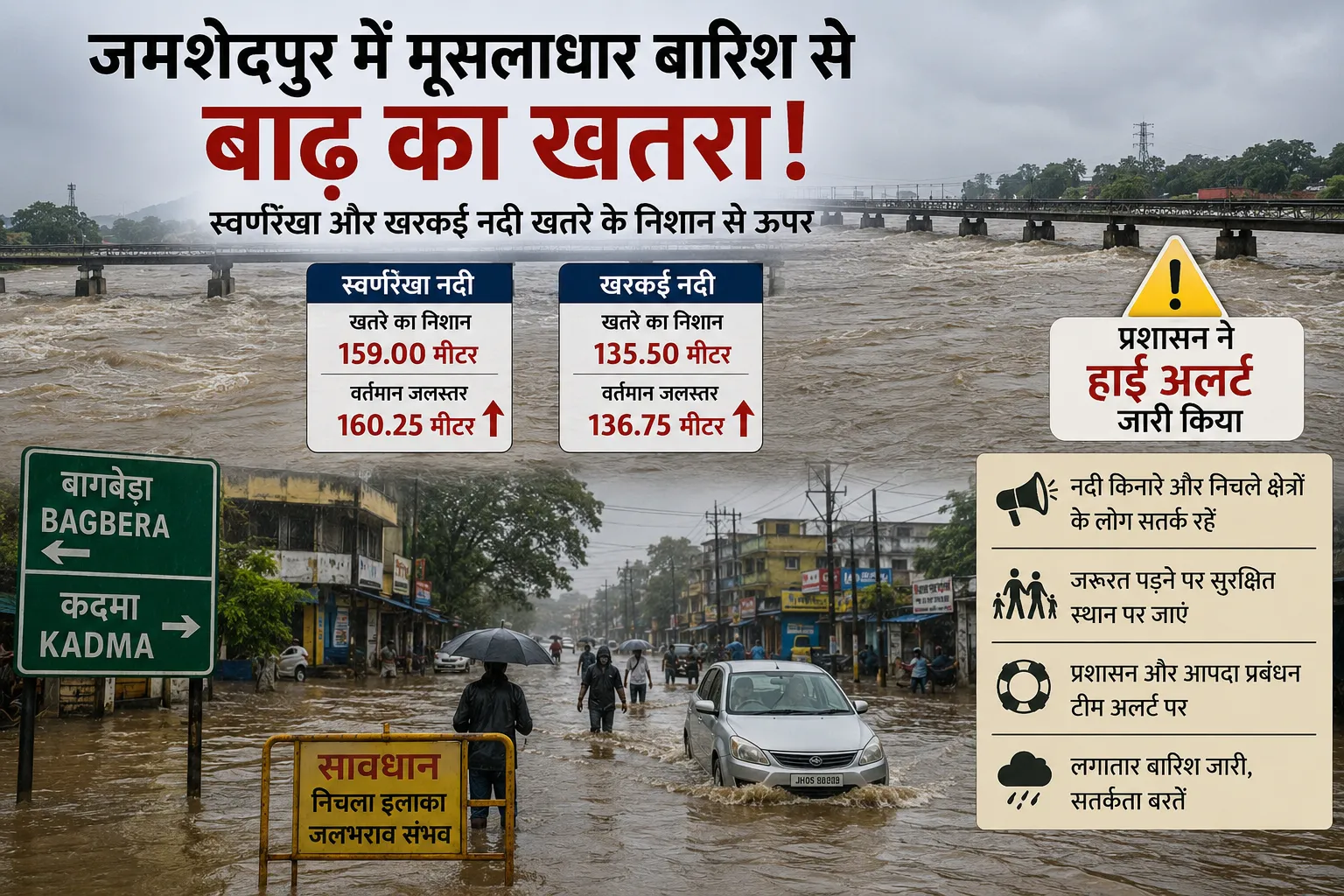 जमशेदपुर में मूसलाधार बारिश से स्वर्णरेखा और खरकई का जलस्तर खतरे के निशान से ऊपर, बाढ़ का अलर्ट