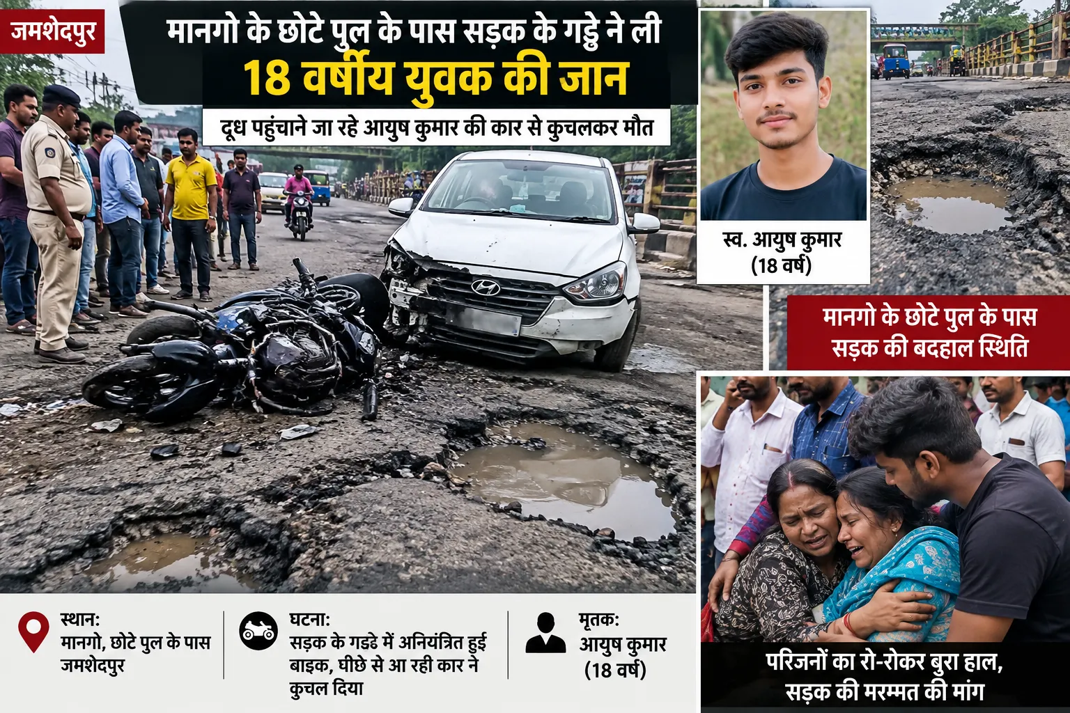 जमशेदपुर: सड़क के गड्ढे में अनियंत्रित हुई बाइक, पीछे से आ रही कार ने कुचला; 18 वर्षीय आयुष कुमार की मौत