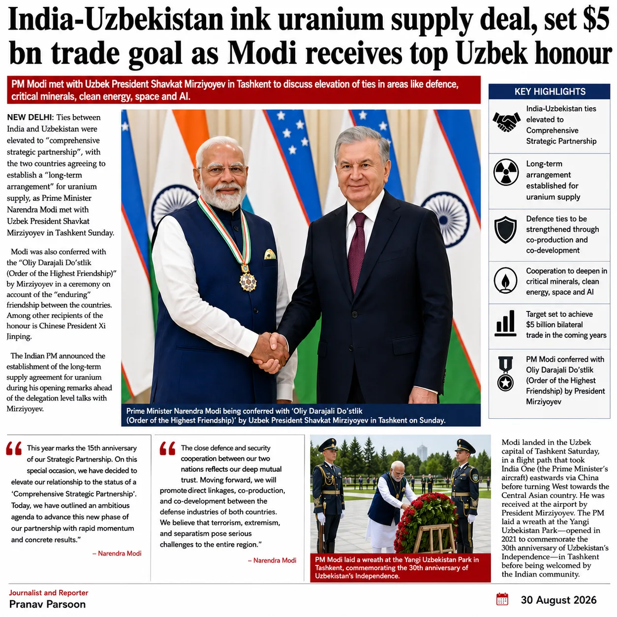 India-Uzbekistan Elevate Ties to Comprehensive Strategic Partnership; Long-Term Uranium Supply Deal Announced