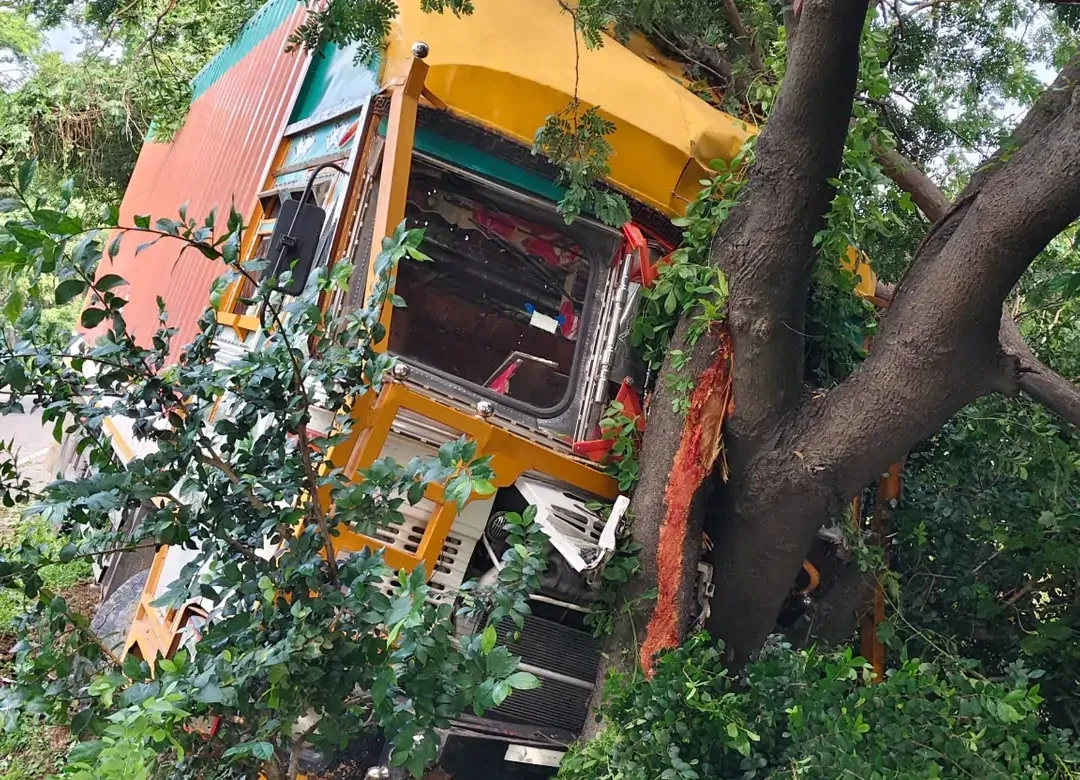 पेड़ से टकराकर पलटा कॉटन लदा ट्रक, चालक को आई मामूली चोटें