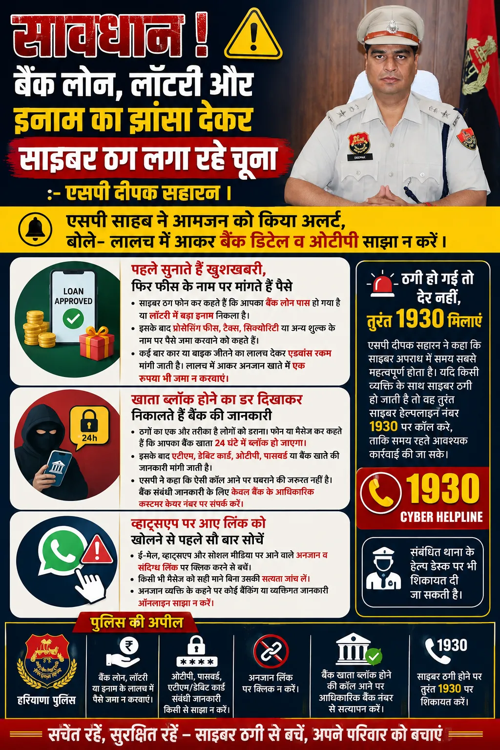एसपी दीपक सहारन ने आमजन को किया अलर्ट, बोले- लालच में आकर बैंक डिटेल और OTP साझा न करें