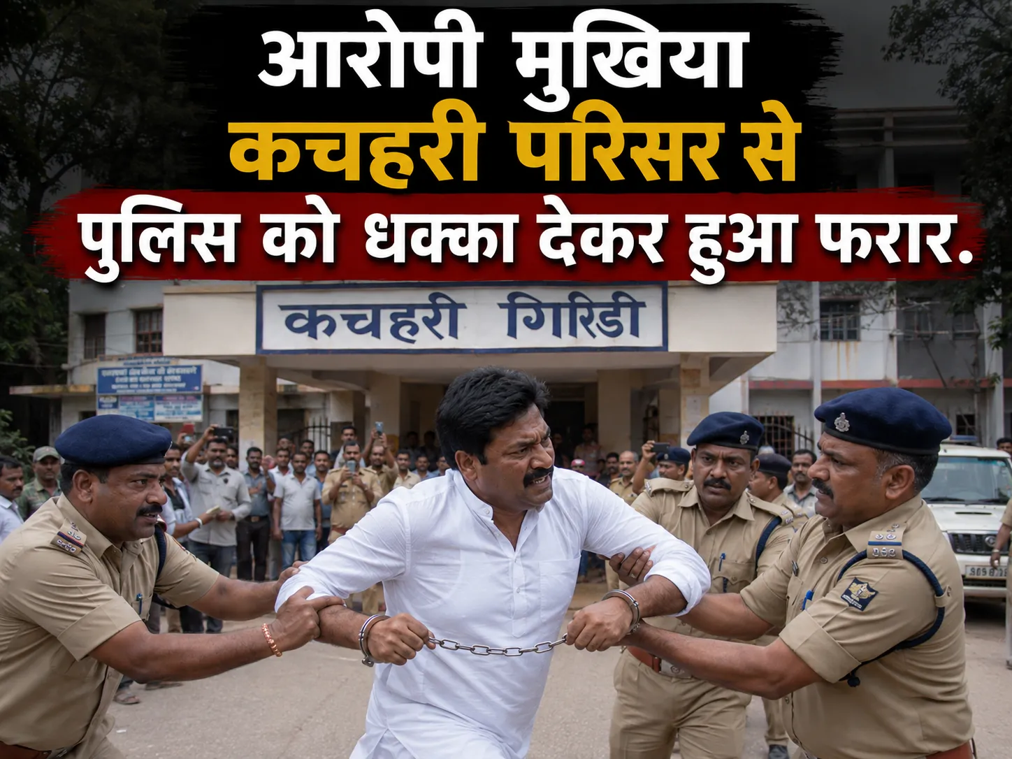 गिरिडीह समाहरणालय परिसर से गिरफ्तार मुखिया पुलिस पदाधिकारी को धक्का देकर हुआ फरार।