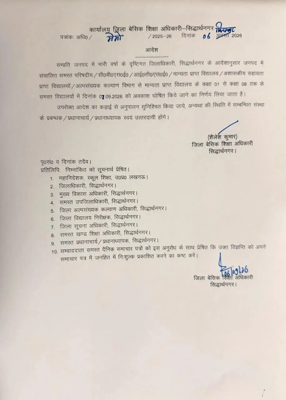 भारी बारिश का असर: सिद्धार्थनगर में कक्षा 1 से 8 तक के सभी स्कूलों में 7 सितंबर को अवकाश घोषित