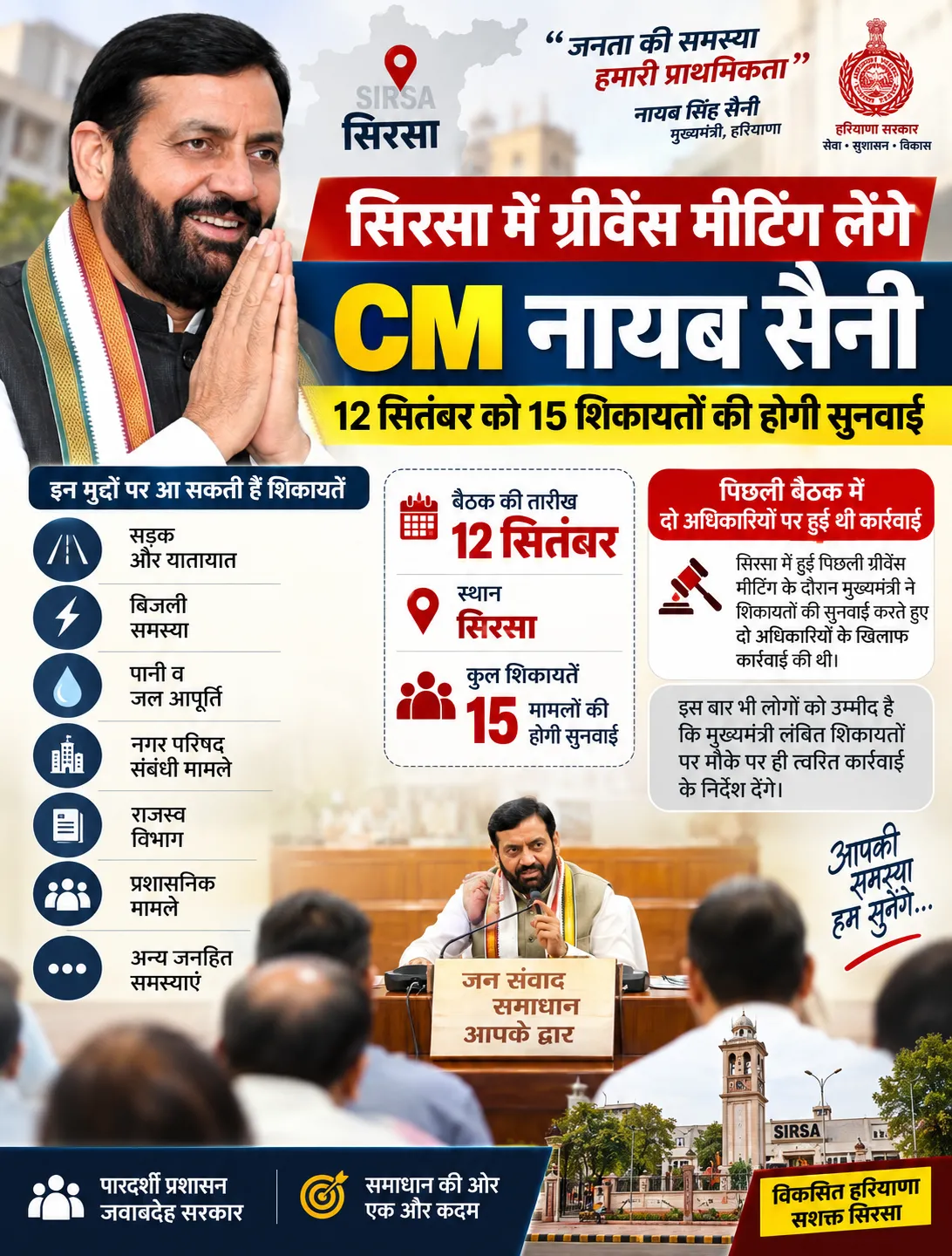 सिरसा में ग्रीवेंस मीटिंग लेंगे CM नायब सैनी, 12 सितंबर को 15 शिकायतों की होगी सुनवाई