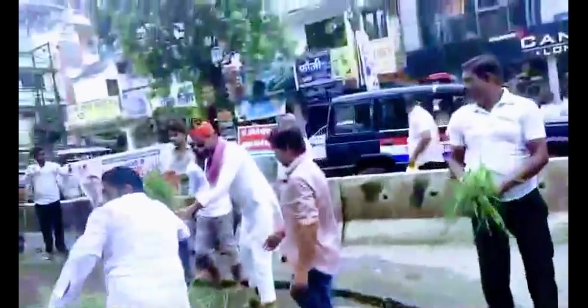 कानपुर में बदहाल बर्रा-ककराही सड़क पर जलभराव के बीच सपा नेताओं ने धान रोपकर जताया विरोध