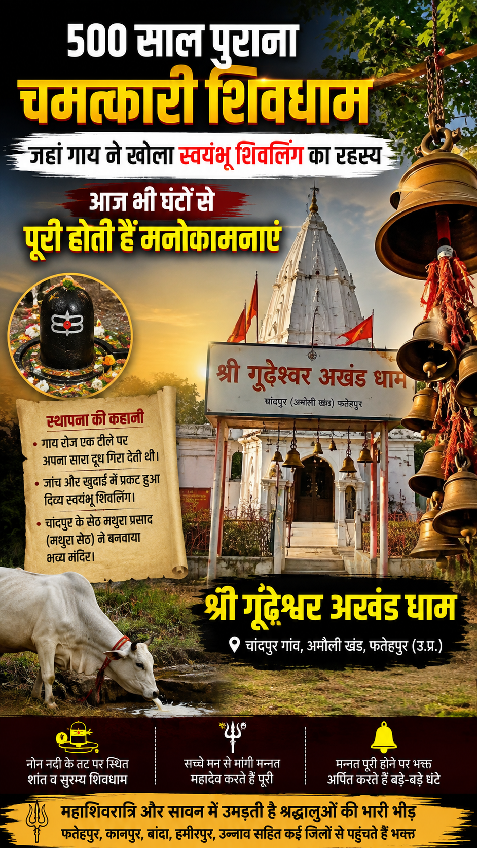 500 साल पुराना चमत्कारी शिवधाम, जहां गाय ने खोला स्वयंभू शिवलिंग का रहस्य फतेहपुर: उत्तर प्रदेश के फतेहपुर जिले के अमौली ब्लॉक के चांदपुर गांव में नोन नदी के तट पर स्थित लगभग 500 वर्ष प्राचीन श्री गूढ़ेश्वर अखंड धाम आज भी श्रद्धालुओं की आस्था का प्रमुख केंद्र बना हुआ है। मान्यता है कि एक गाय प्रतिदिन एक स्थान पर अपना दूध अर्पित करती थी। खुदाई में वहीं से स्वयंभू शिवलिंग प्रकट हुआ, जिसके बाद सेठ मथुरा प्रसाद ने यहां मंदिर का निर्माण कराया। श्रद्धालुओं का विश्वास है कि बाबा के दरबार में सच्चे मन से मांगी गई हर मन्नत पूरी होती है। मनोकामना पूर्ण होने पर भक्त मंदिर परिसर में घंटे चढ़ाते हैं। महाशिवरात्रि और सावन में यहां हजारों श्रद्धालु दर्शन और जलाभिषेक के लिए पहुंचते हैं। चांदपुर फतेहपुर से अनिल कुमार ग्लोबल न्यूज़ प्रेस